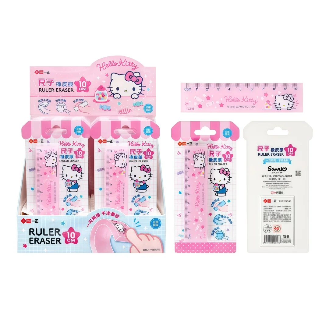 Authentic Hello Kitty Kuromi Ruler Eraser 10cm Dual-Purpose Ruler Eraser Cute Cartoon Stationery Gift for Primary School Students