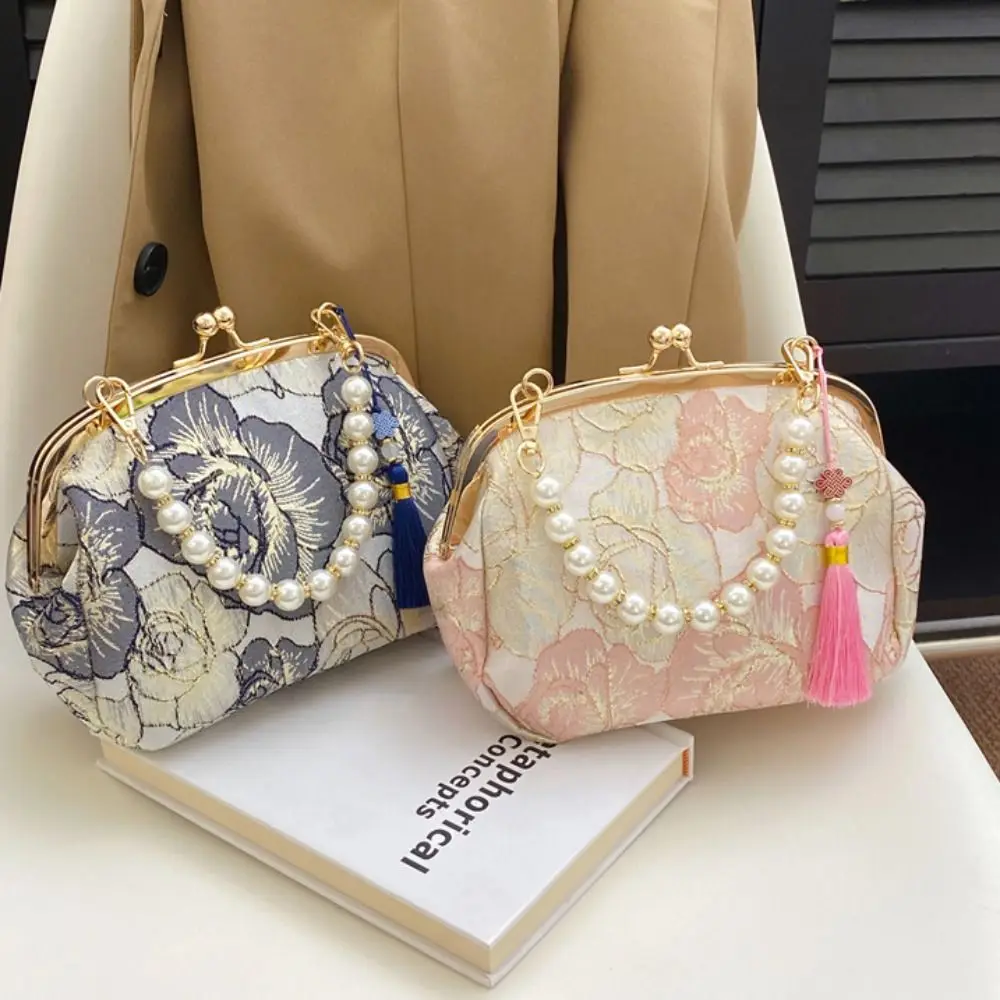 

Cheongsam Accessories Embroidery Banquet Bag Wrist Bag Large Capacity Hanfu Handbag Shoulder Bag Pearl Handle Ladies Clutch Bag