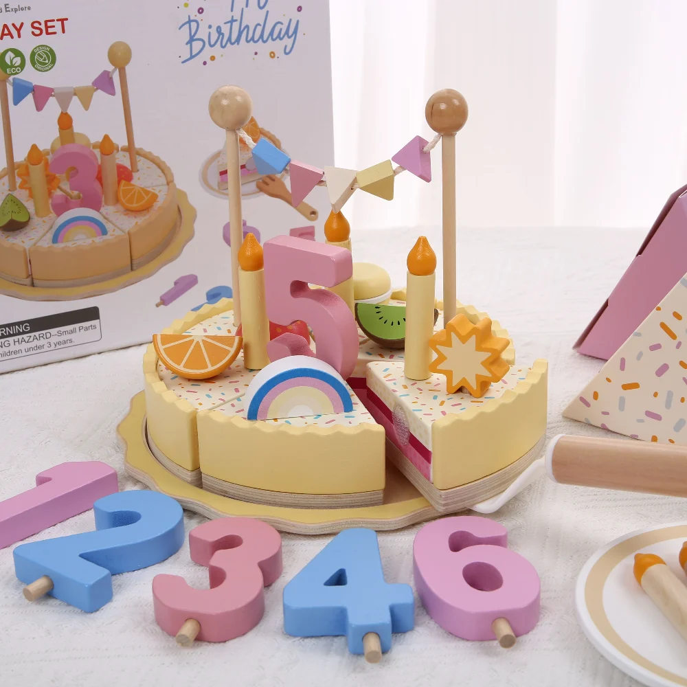 Simulazione per bambini Torta di compleanno in legno Giocattoli Giochi di finzione Taglio Gioco di cibo Gioco di ruolo per bambini Regali giocattolo per ragazzo ragazza