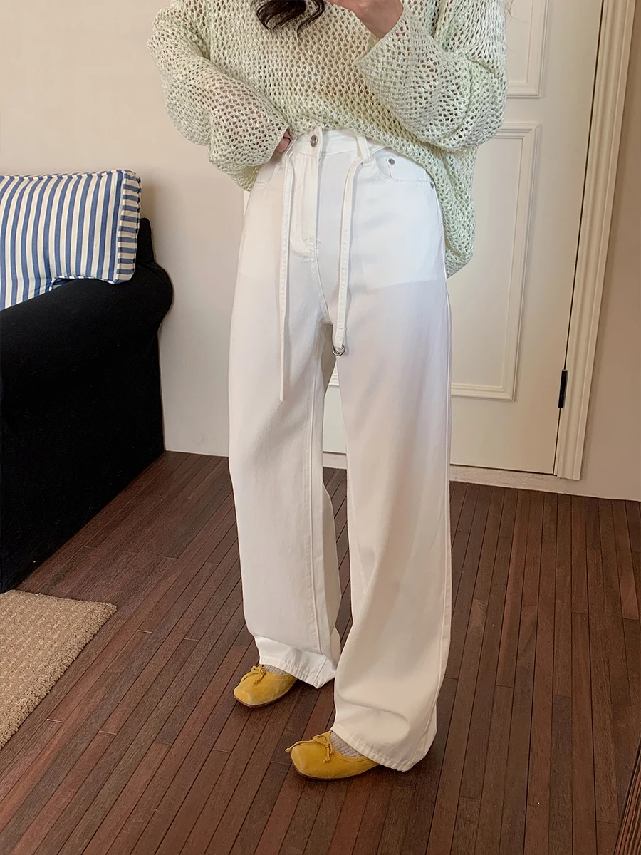 

Белые джинсы с высокой талией и широкими штанинами, женские повседневные прямые джинсы, универсальные, с эффектом стройности, длинные брюки в корейском стиле