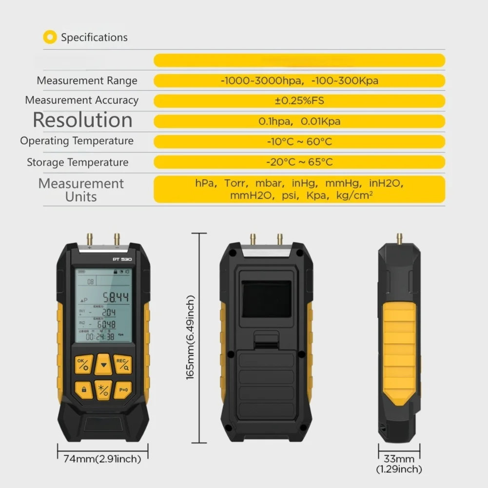 Digital Differential Pressure Meter PT530 with Backlit Display for Low Light Environments and Wide Range 10 to 60 C