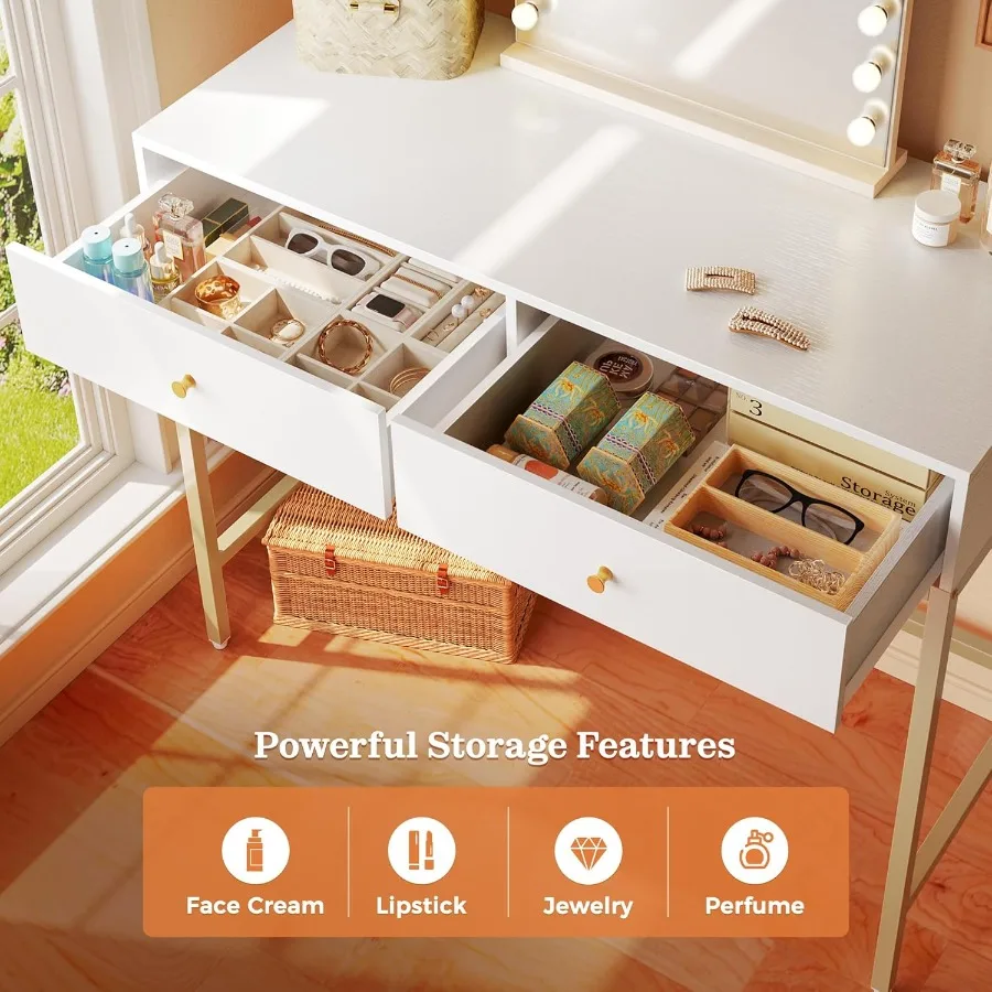 مكتب زينة حديث باللونين الأبيض والذهبي 31.5 مع درجين، طاولة مكياج مدمجة لدراسة الكتابة في المكتب المنزلي أو غرفة النوم، أنيقة #4