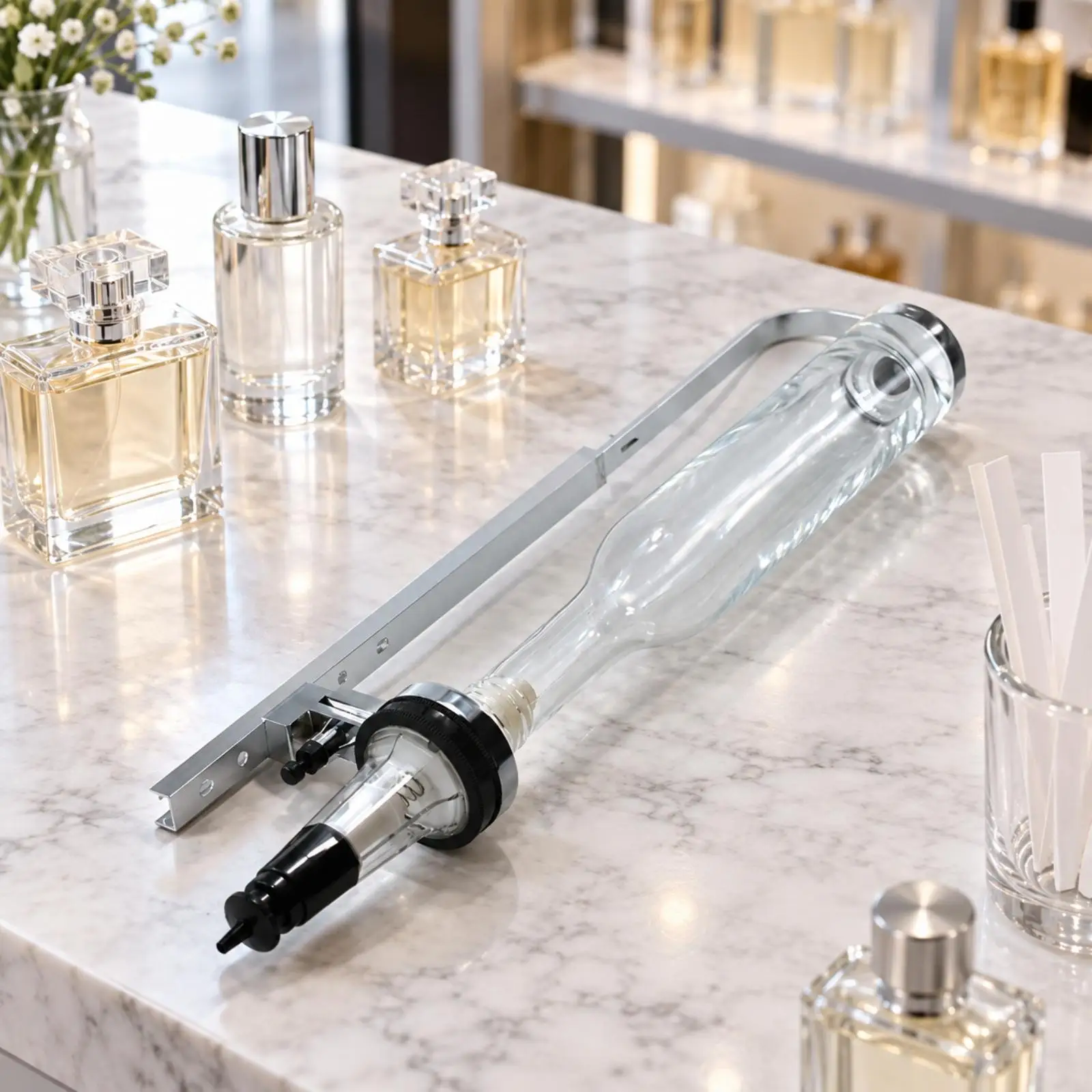 香水店での香りの整理に役立つ、ポンプ付きのプラスチック製香水ディスペンサーボトルと金属製ブラケット。