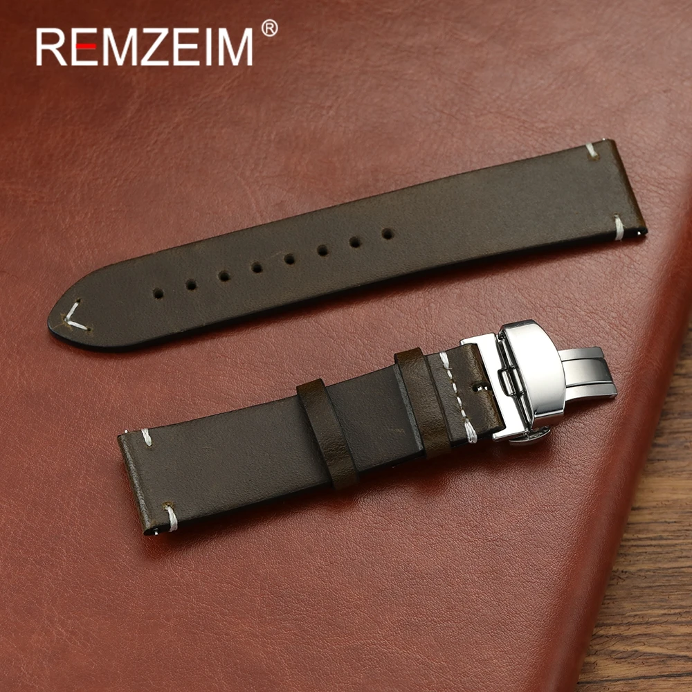 

Oil Wax Genuine Leather Watch Strap Butterfly Buckle 18mm 20mm 22mm Strap Men Quick Release Waterproof Replacement Watch Band