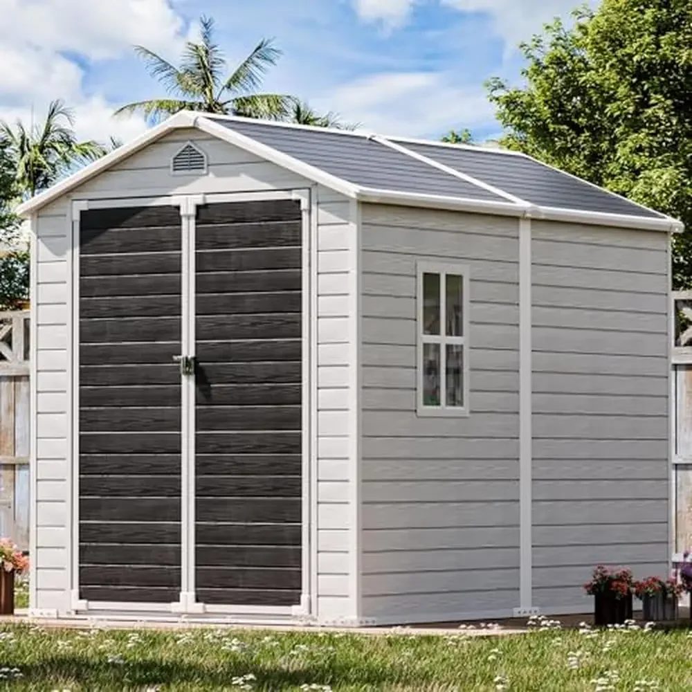 

Outdoor Resin Storage Shed 8x6 FT Plastic Shed with Floor Window Lockable Door Large Waterproof Outside Sheds Storage Bike Tool