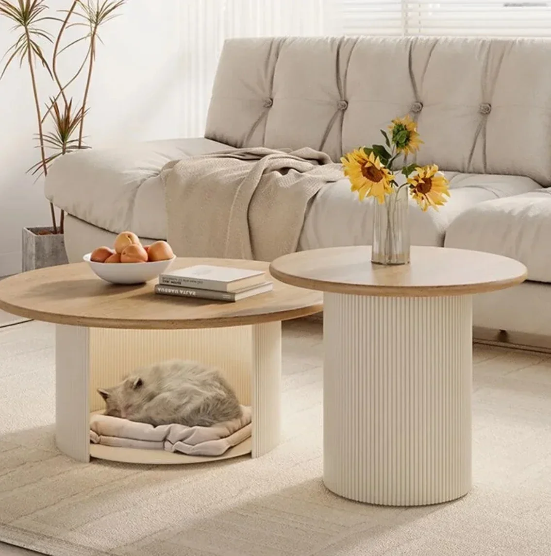 Cream style coffee table combination cat bed storage coffee table solid wood oval small coffee table