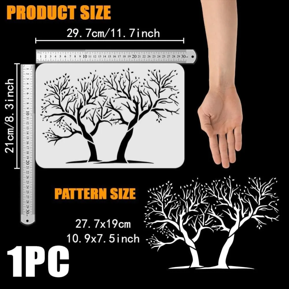 Two Trees Painting Large Stencil 8.3x11.7 PET Tree of Life Spraying Big Leaves Wall Stencil Vibrant Trees Huge Stencil Template