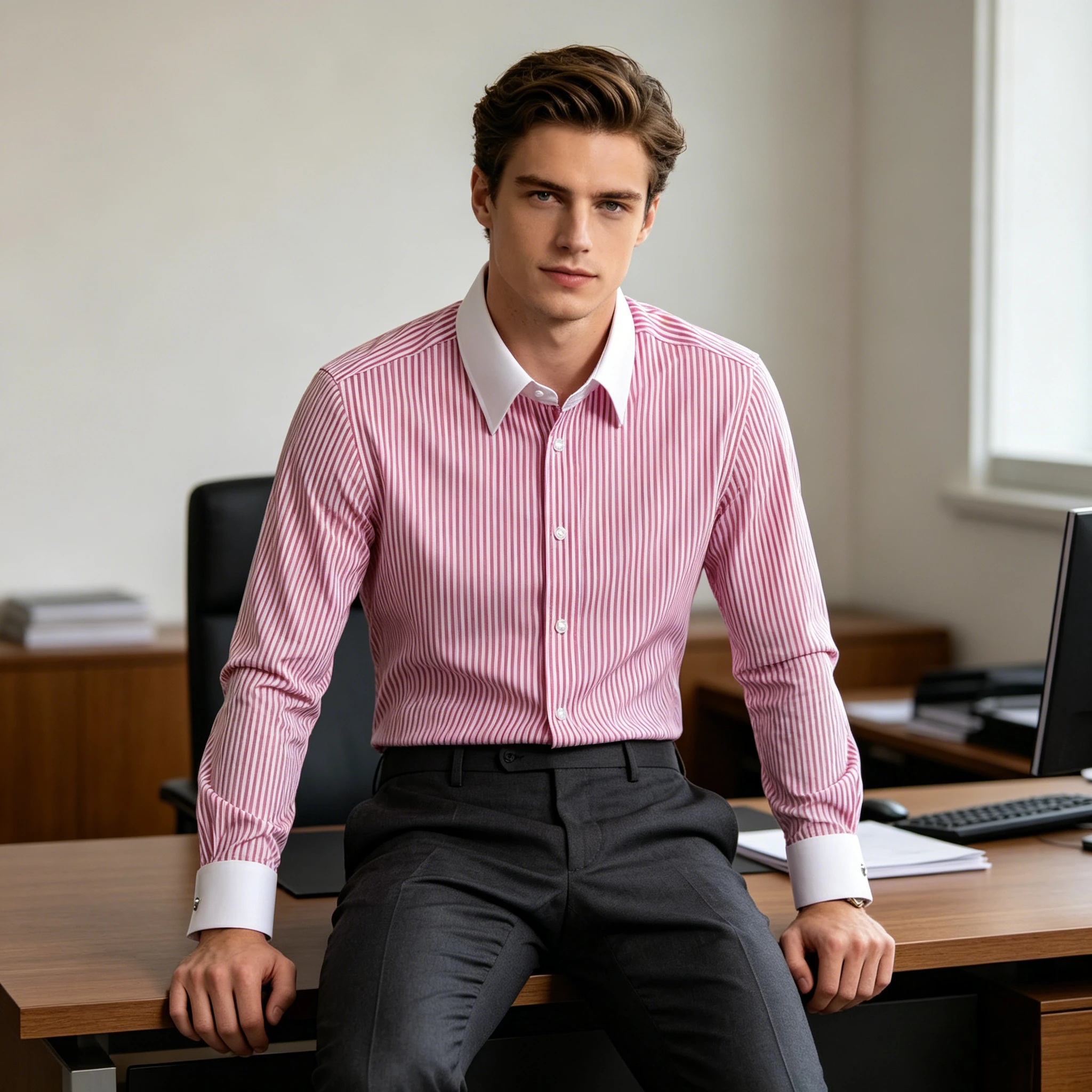 Men's French Cufflinks Shirt, Long Sleeved Slim Fit, Contrasting Collar, Pink Striped Business Formal Dress, Men's Top