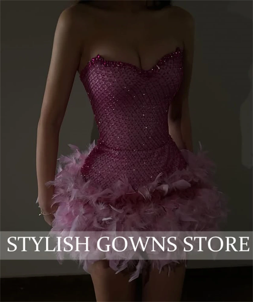 Dubaï élégant Vintage doux rose plumes courte robe de bal perles Sexy personnalisé Occasion formelle robe de bal robes de soirée
