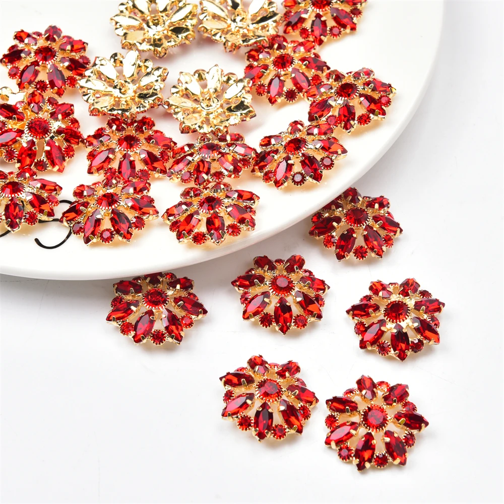 5Pcs Red Color Rhinestone Buttons For Clothing Knit Cardigan Horse Eye Crystal Flower Metal Shank Buckle Diy Sewing Decorative