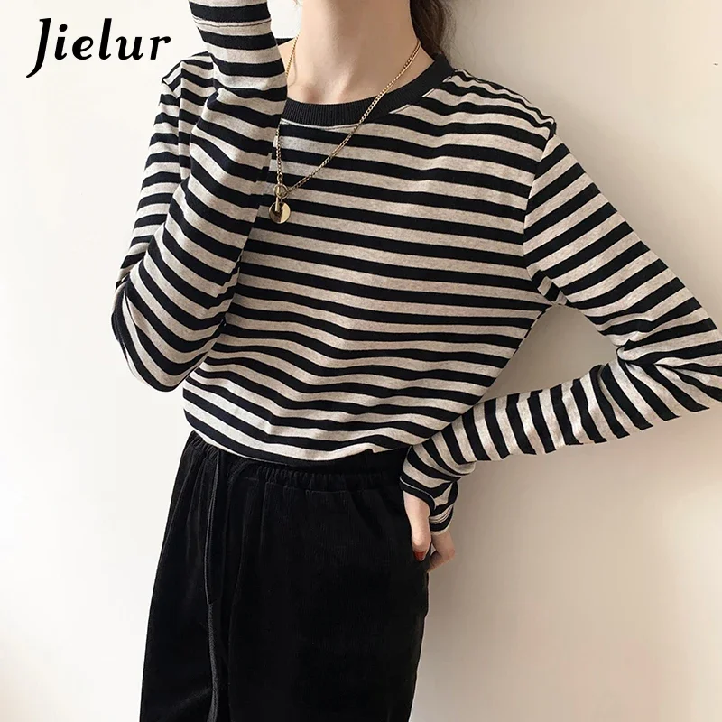 Jielur Green Blue Black Striped Long Sleeve T shirt Women Cotton Top Female Basic Bottoming Shirt Autumn T-shirts Gloves S-XL