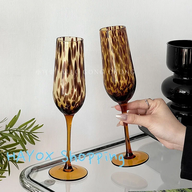 Vintage Amber Leopard Print Handmade Red Wine Glass Creative Crystal Goblet Art Apple Cup Whiskey Glass Cup Fine Wine Glasses