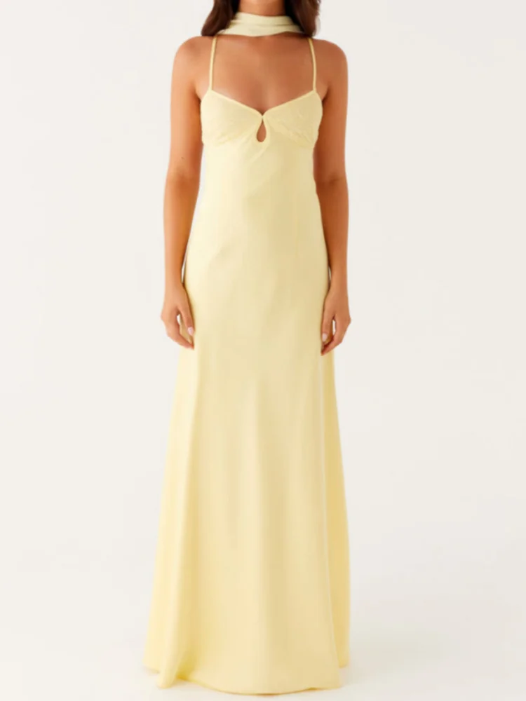 

Women Sexy Scarf Collar Sling Dress Solid V-neck Sleeveless Backless High Waist Slim Maxi Dresses 2026 Lady Party Club Gowns