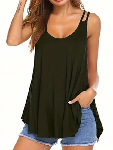 Plus Size Criss Cross Back Double Thin Strap Cami Top V Neck Loose A Line Swing Hem Soft Knit Sleeveless Tank Top Summer Basic C