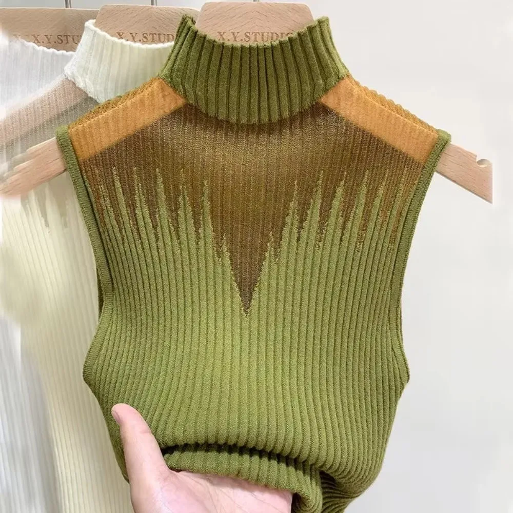 Mesh Hanging Neck Semi-high Neck Knitted Small Vest Female Undershirt Sweater Sleeveless T-shirt Short Tanks Female