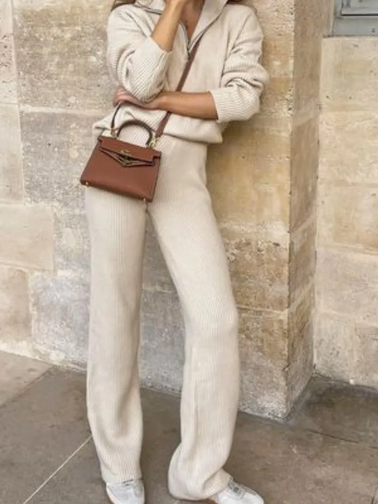

Осенне-зимний стиль, удобный повседневный вязаный костюм, женский модный свитер с длинными рукавами и лацканами, широкие брюки, комплекты из двух предметов