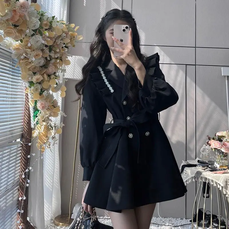 Black Trenches Women Sweet Ruffles Princess Bandage Elegant French Style Autumn Temperament College Outerwear All-match Fashion