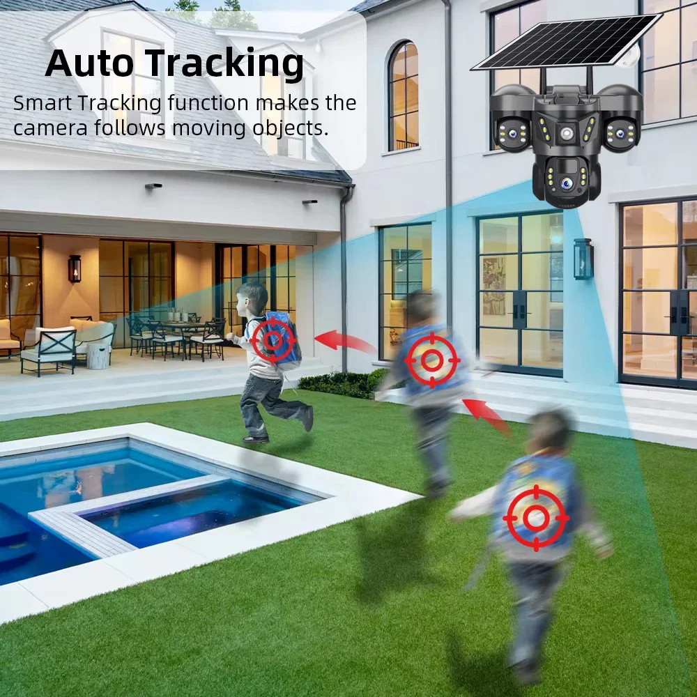 Telecamera solare 4G a 3 obiettivi Tri-lente Protezione di sicurezza Telecamere CCTV Video sorveglianza domestica intelligente esterna Visione notturna HD 15MP 8K