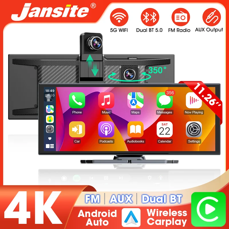 

10,26/11,26-дюймовый видеорегистратор 4K с беспроводным экраном Carplay, Android Auto, автомобильный видеорегистратор 350 ° Видеорегистратор с вращающейся линзой, навигация FM AUX WIFI