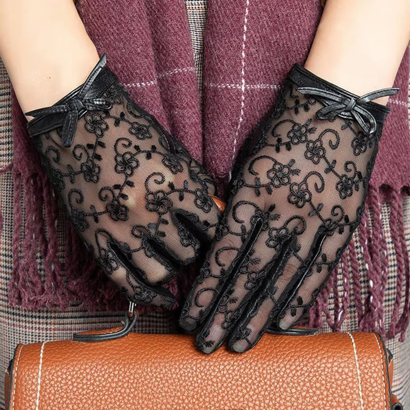 Guantes de piel de oveja con pantalla táctil para mujer, guantes de conductor de cuero finos sin forro con encaje a la moda para primavera y verano,