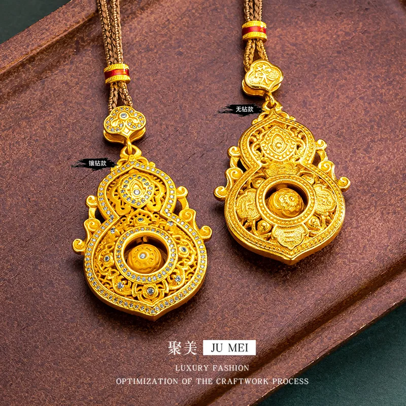 Lynge Jewelry Ancient method 24K real gold blessing double full pendant hollow good news  9999 silk blessing gourd fortune bead