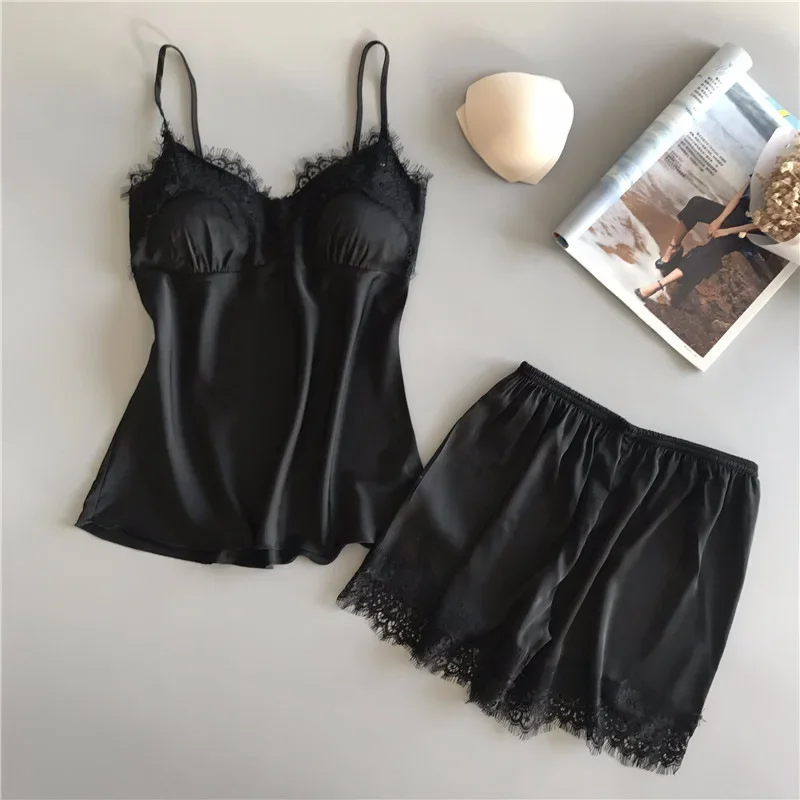 1 Set Women's Pajamas Set, Fashionable V-neck Lace  Pajamas, Pajama Shorts Set, Ice Silk Camisole Top Pajama Pants