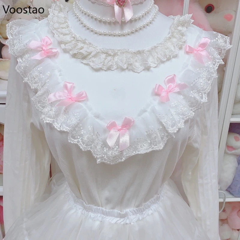 Sweet Lolita Style Sweater Women Casual Cute Bow Lace Ruffles Fairy Knitted Pullovers Korean Female Fashion Kawaii Knitwear Tops