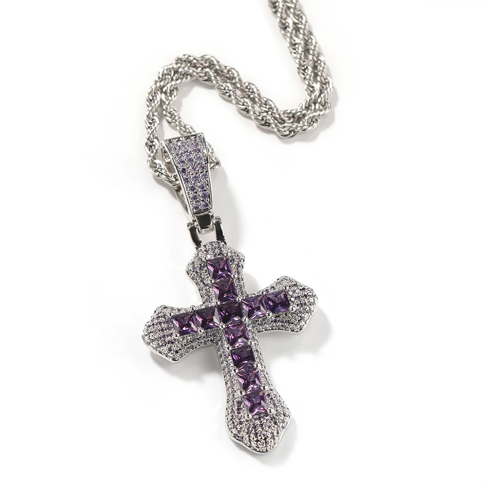 TBTK 2 Sizes Colorful Cross Pendant Iced Out Colorful BaguetteCubic Zirconia Charm Fashion Necklace Hiphop Jewelry For Gift