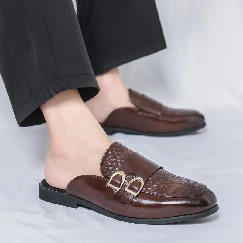 Summer Luxury Slippers Men Casual Mules Shoes Big Size 46 Slip-on Fashion Platform Half Loafers Men Lightweight Leather Sandals
