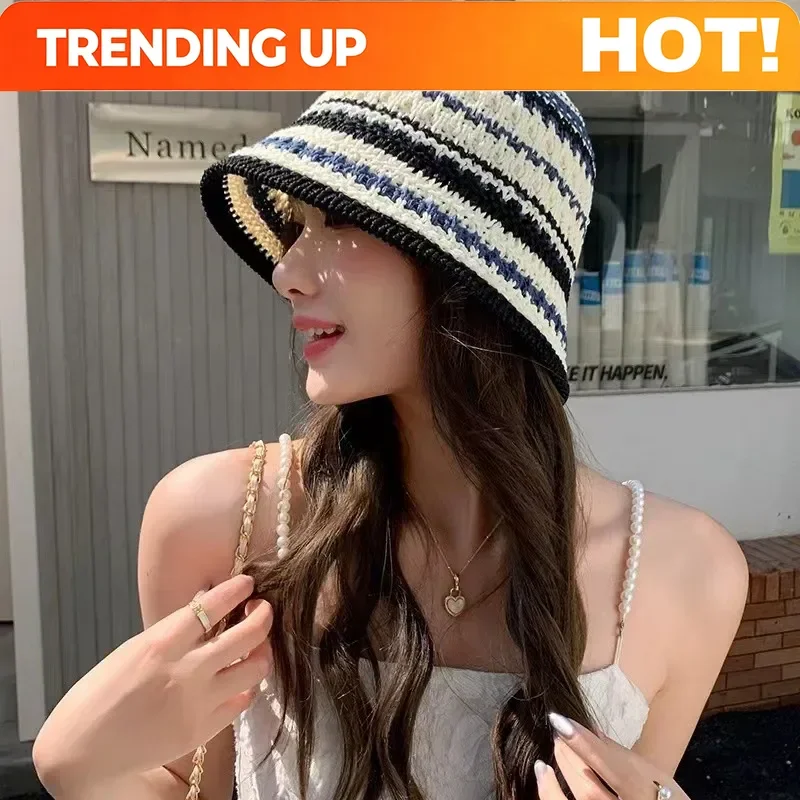 Customization 1pc Women's Summer Striped Colorful Openwork Fisherman Hat,Knitted Bowl,Breathable Thin Foldable Sun Bucket Hat Fo
