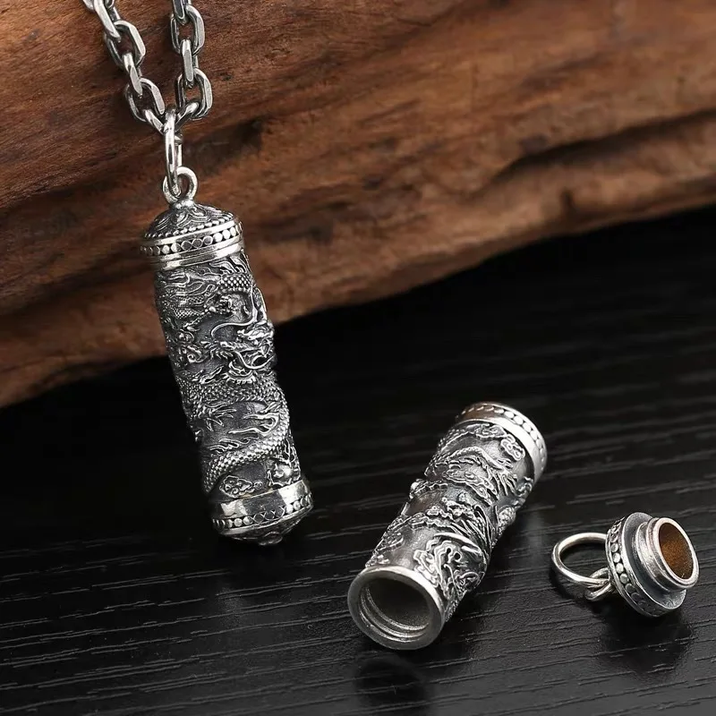 BOCAI NEW S925 Sterling Silver Pendants for Men Women Antique Silver Relief Soaring Loong Gawu Box Charms Charm Fine Jewelry