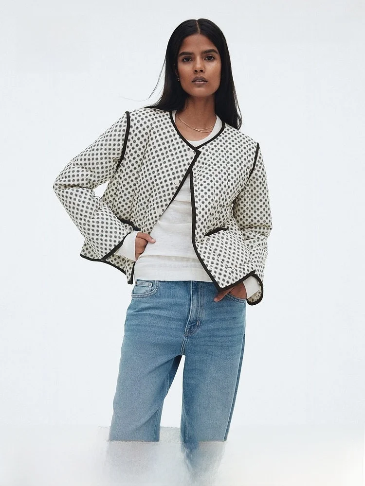 

H&M Women's Cotton Jacket Winter round Neck Single Button Printed Quilted Thin Cotton Outerwear 1269460 Lightweight Cotton Coat