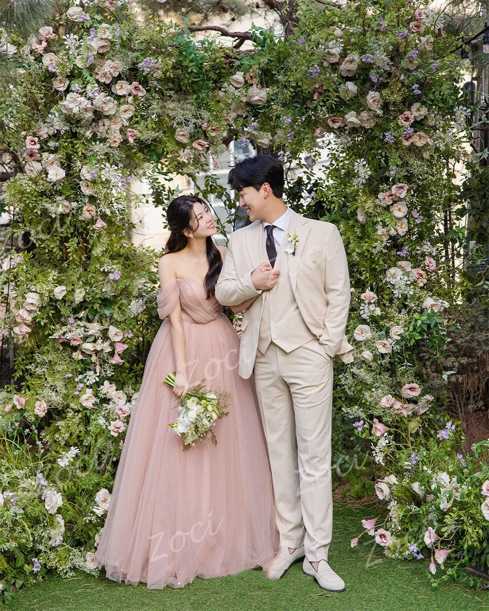 Zoci Princess فساتين زفاف كورية وردية أحمر الخدود على شكل قلب من التل اللامع على شكل حرف A صور مخصصة للتصوير فستان استقبال العروس #2