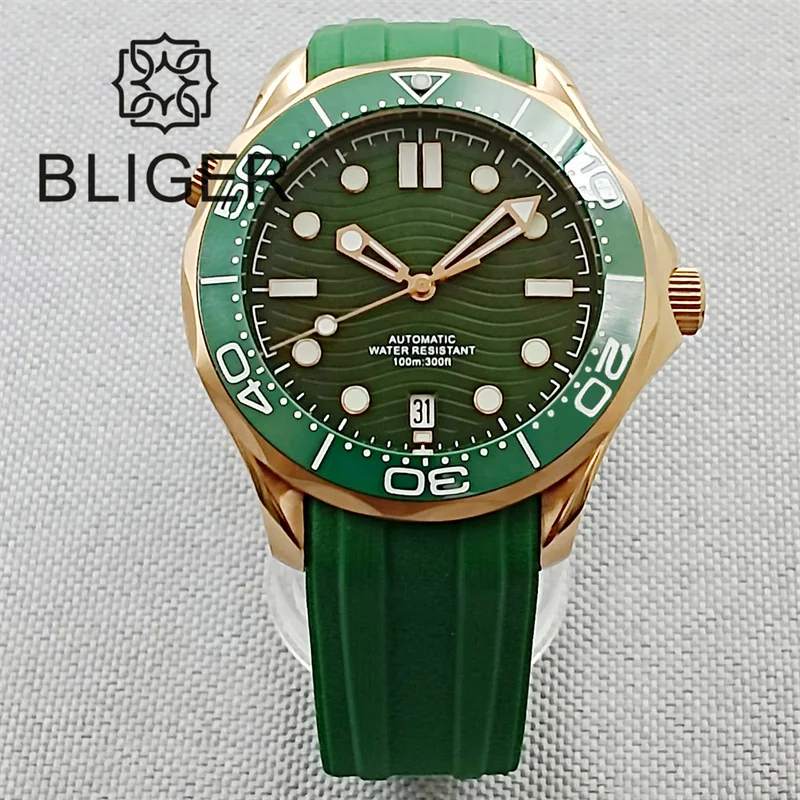 BLIGER Luxury 41mm Men Watch Rose gold Case Ceramic Sapphire Glass Green Dial Green Date At 6 o\'clock NH35 Movement Rubber Strap