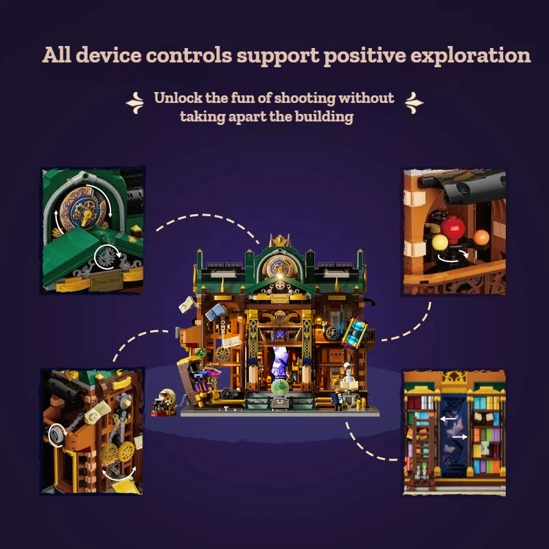 ชุดตัวต่ออาคารห้องสมุดสไตล์สตีมพังก์ ชุดแตกจุดเวลาและพื้นที่ ของตกแต่งแนวเรโทร วิวถนนย้อนยุค ของสะสม ของเล่น ของขวัญ