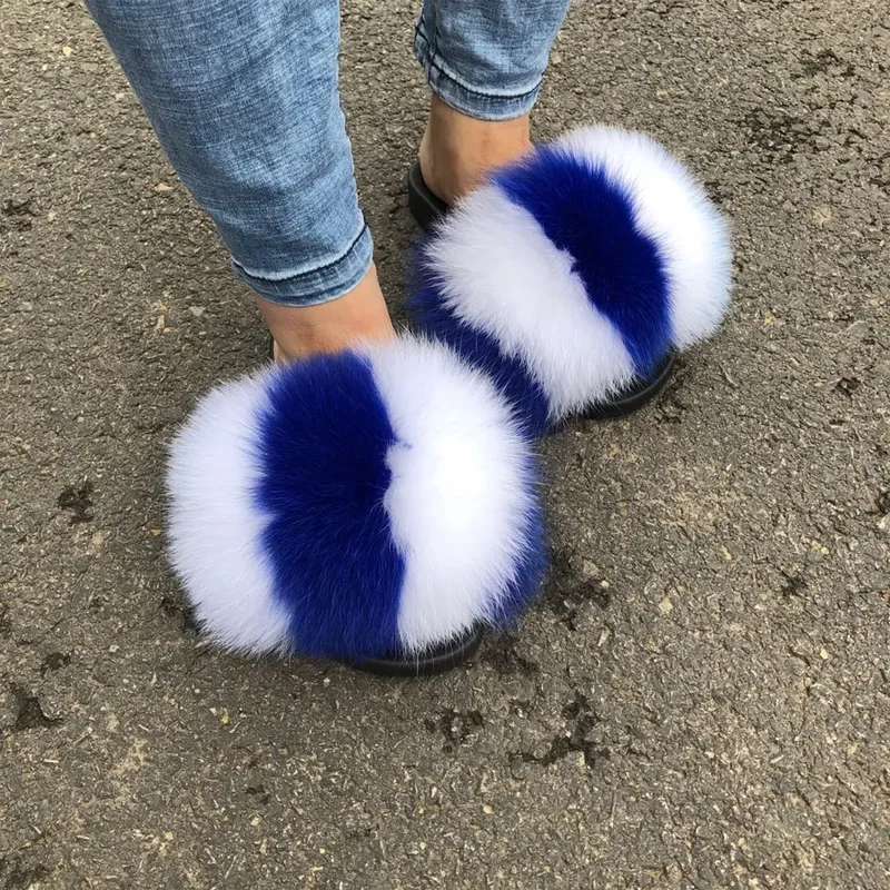 Wholesale New Arrivals Custom Logo Fluffy Real Fox Raccoon Fur Slippers Furry Fur Slides Vendor For Women Plush Flip Flops