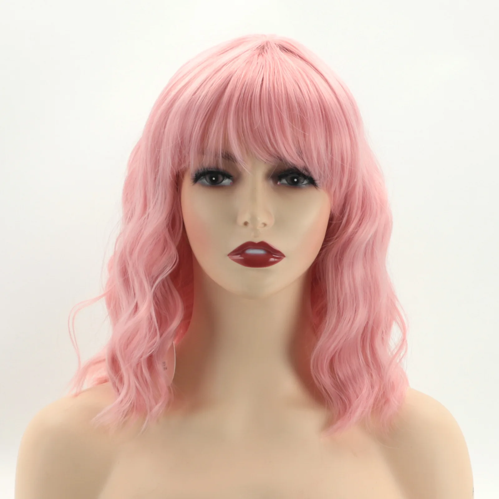 Synthetische Water Wave Haar Pruiken met Pony Vrouwen Roze Bob Pruiken Kort Krullend Hittebestendige Dagelijkse Feestpruik