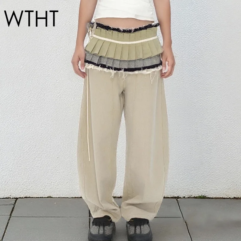 

WTHT модные женские однотонные свободные широкие брюки в стиле пэчворк с плиссированной талией, женские осень 2021, 1LS2277