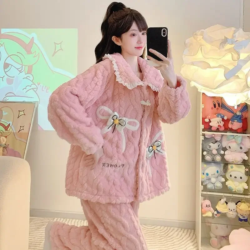 5XL Plus Size Coral Fleece Pajamas Set Women\'s Sweet Winter Warm Fleece Thickened Home Clothes Loungewear Can Be Worn Outside