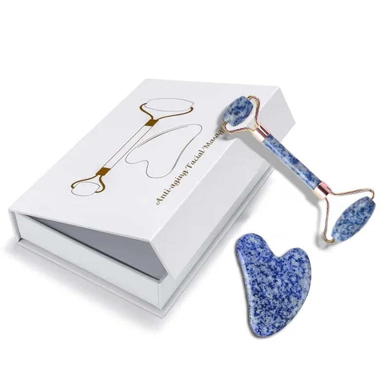 Blue And White Jade Roller Gua Sha Set Natural Gouache Stone Face Massage Roller Gouache Scraper Reduce Wrinkles Jade Massager