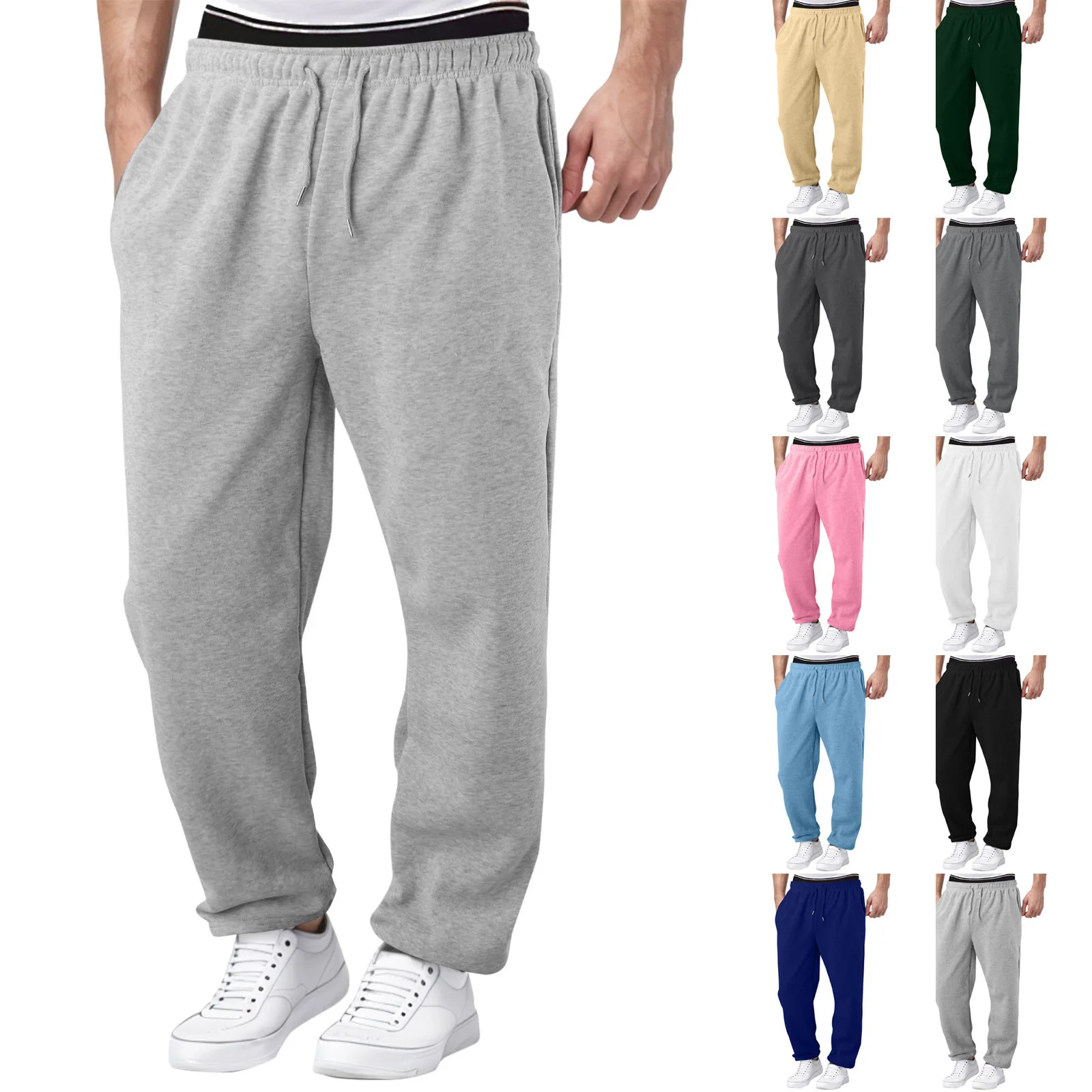 

New Solid color Cotton Men's Sweatpants Autumn/Winter Fleece-lined Baggy Loose Elastic Waist Casual Trousers for Daily Wear