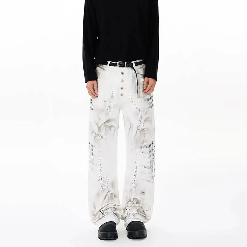Ink Vintage Splash Denim Jeans For Men Women Multi Button Waist Curved Loose Floor Length Casual Street Trousers Q16D