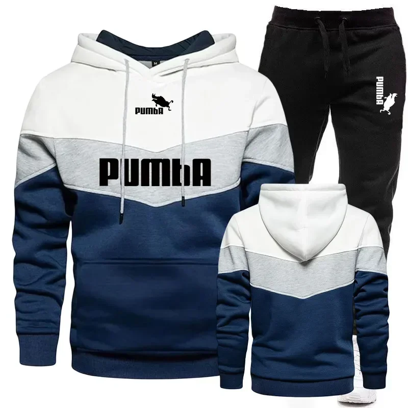 

2025 Autumn/Winter men's sportswear set with fashionable color patchwork, hooded pullover sweatshirt and long pants