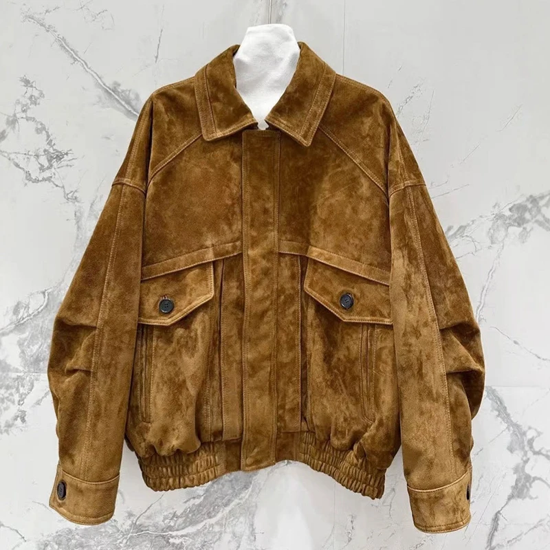 여성용 리얼 스웨이드 재킷 가을 겨울 루즈핏 라펠 지퍼 툴링 포켓 그레이/브라운 염소 가죽 프로필 코트 몬타우 여성용