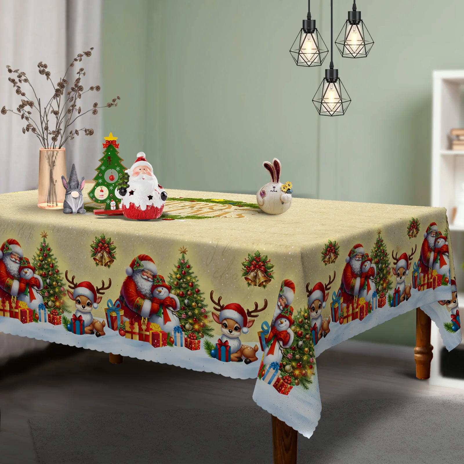 

1 шт., скатерть из полиэстера с рождественской тематикой + 4 самоклеящиеся наклейки, Санта-Клаус, Снеговик, Олень, Узоры рождественской елки, Рельефные края, Подходит для домашней кухни, Гостиная, Журнальный столик, Балконный столик, Праздничное украшение