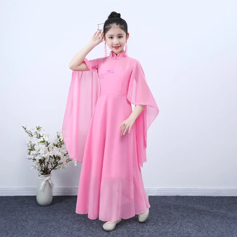 Traje de performance infantil guzheng hanfu, traje clássico tradicional antigo para meninas, nacionalidade, piano folclógico de dança, vestido de palco