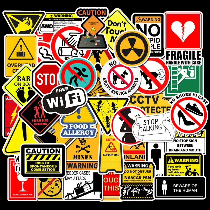 50pcs Warning Signs Caution Danger Signs Sticker Pack Waterproof DIY Decoration Kawaii Phone Case Cute Laptop Skin Stationery