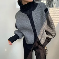 Donne coreane dolcevita maglioni a maniche lunghe cappotti Casual allentati Cardigan spesso lavorato a maglia autunno inverno 2023 giuntura a righe