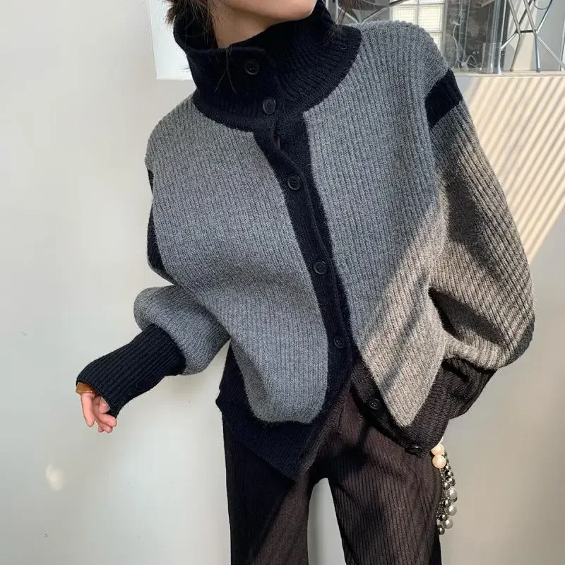 Korean Women Turtleneck Full Sleeve Sweaters Loose Casual Coats Knitted Thick Cardigan Autumn Winter 2023 Striped Splice