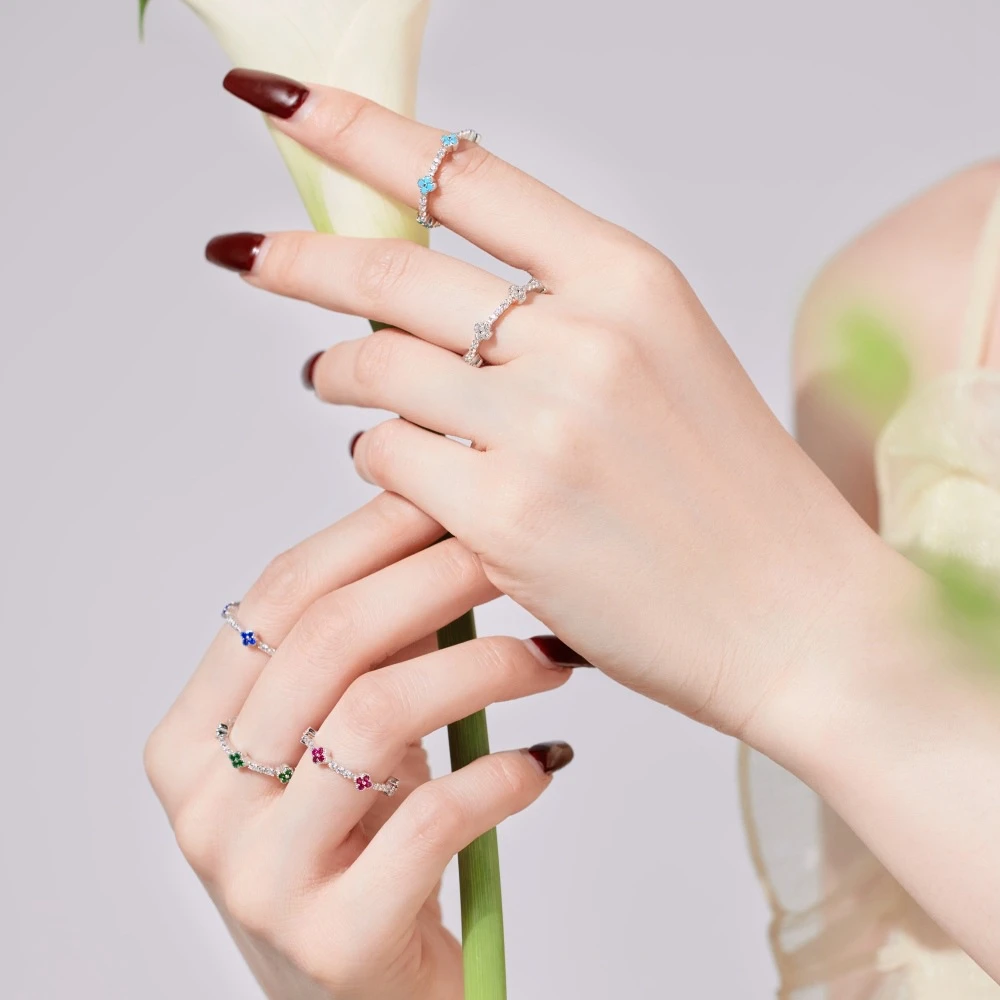 Wong Rain 100% 925 Sterling Silver Four-leaf Clover Lab Sapphire Gemstone Wedding Party Women Rings Fine Jewelry Band Wholesale